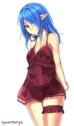Rule 34 | 1girl, arms behind back, bare shoulders, blue eyes, blue hair, blush, breasts, cleavage, colored eyelashes, hair over one eye, long hair, looking at viewer, matching hair/eyes, nightgown, original, pointy ears, ryou@ryou, see-through, simple background, solo, thigh strap, white background