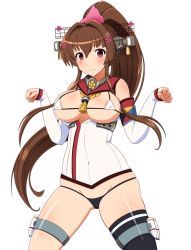Rule 34 | 10s, 1girl, areola slip, bad id, bad pixiv id, bikini, bikini top only, black panties, breasts, brown hair, covered erect nipples, detached sleeves, highres, jewelry, kantai collection, large breasts, long hair, looking at viewer, micro bikini, no pants, panties, ponytail, red eyes, ring, shin&#039;en (gyokuro company), single thighhigh, smile, solo, swimsuit, thighhighs, underwear, wedding band, yamato (kancolle)