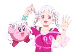 Rule 34 | 1girl, absurdres, aqua wristband, arashi chisato, artist name, artist request, black tank top, blue wristband, blush, breasts, collarbone, double bun, female focus, floating hair, hair bun, hair tie, hand wave, highres, holding, holding marker, kirby, kirby (series), long hair, looking at viewer, love live!, love live! school idol festival, love live! superstar!!, marker, nail, nail polish, nintendo, parted lips, pink nails, pink nails, red eyes, red shirt, shirt, short sleeves, small breasts, smile, solo, tank top, twintails, undershirt, upper body, wavy hair, white background, white hair