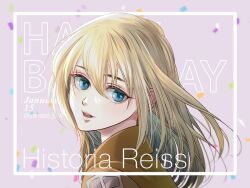 Rule 34 | 1girl, blonde hair, blue eyes, brown jacket, character name, krista lenz, commentary request, confetti, eyebrows hidden by hair, from side, happy birthday, jacket, long hair, looking at viewer, portrait, shingeki no kyojin, solo, twitter username, yanase 814