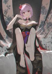 Rule 34 | 1girl, absurdres, arm support, barefoot, black kimono, blush, breasts, cleavage, collarbone, dimas (dimas79756948), dress, feet, floral print, flower, hair flower, hair ornament, highres, hololive, hololive english, japanese clothes, kimono, knees up, long dress, looking at viewer, mori calliope, mori calliope (new year), off-shoulder dress, off shoulder, pile of skulls, pink hair, presenting foot, red eyes, short hair, sitting, slit pupils, soles, virtual youtuber