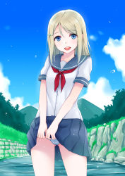 Rule 34 | 1girl, ayase alisa, blonde hair, blue eyes, blue panties, blush, clothes lift, cloud, lifted by self, long hair, love live!, love live! school idol project, mountain, open mouth, outdoors, panties, river, school uniform, serafuku, skirt, skirt lift, sky, smile, solo, standing, underwear, wading, water, wet