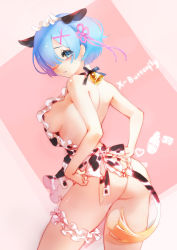 Rule 34 | 1girl, absurdres, animal ears, animal print, apron, arched back, artist name, ass, back, bell, blue eyes, blue hair, blush, bow, breasts, chinese zodiac, commentary request, cow print, cowboy shot, fake animal ears, fake tail, female focus, frills, from behind, hair ornament, hair over one eye, hair ribbon, heart, highres, large breasts, bridal garter, looking at viewer, looking back, maid headdress, matching hair/eyes, milk, naked apron, parted lips, pink background, pink ribbon, re:zero kara hajimeru isekai seikatsu, rem (re:zero), ribbon, short hair, sideboob, solo, tail, x butterfly, x hair ornament, year of the ox