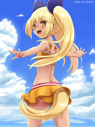 Rule 34 | 1girl, :d, ass, awa, bikini, blonde hair, blush, cloud, copyright name, day, dog tail, from behind, glasses, hair ribbon, long hair, looking at viewer, looking back, open mouth, outdoors, outstretched arms, retoree (show by rock!!), ribbon, show by rock!!, sky, smile, solo, spread arms, swimsuit, tail, twintails, yellow eyes