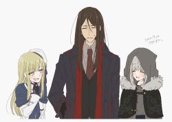 Rule 34 | 1boy, 2girls, :d, black capelet, black hair, black jacket, blonde hair, blue capelet, blue eyes, blush, capelet, chili-tomato (gekikaraya), closed eyes, commentary request, cowboy shot, dated, diagonal-striped clothes, diagonal-striped necktie, diagonal-striped neckwear, fate (series), formal, fur trim, gloves, gray (fate), grey hair, hand on own hip, highres, hood, hood up, jacket, long hair, long sleeves, looking at another, lord el-melloi ii, lord el-melloi ii case files, multiple girls, necktie, open mouth, red scarf, reines el-melloi archisorte, scarf, signature, simple background, smile, striped clothes, striped neckwear, sweatdrop, upper body, waver velvet, white background, white headwear