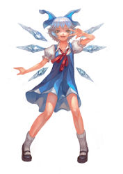 Rule 34 | 1girl, absurdres, blue dress, blue eyes, blue hair, bow, catsila, cirno, dress, flat chest, full body, hair bow, highres, ice, ice wings, mary janes, matching hair/eyes, puffy short sleeves, puffy sleeves, ribbon, shoes, short hair, short sleeves, socks, solo, touhou, v over eye, white background, wings