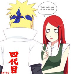 Rule 34 | blonde hair, forehead protector, hair ornament, hokage, husband and wife, layered sleeves, long hair, long sleeves, namikaze minato, narrowed eyes, naruto (series), nattouh, open mouth, pointing, pointing at another, pregnant, red hair, scene reference, short over long sleeves, short sleeves, simple background, speech bubble, spiked hair, sweatdrop, uzumaki kushina, white background