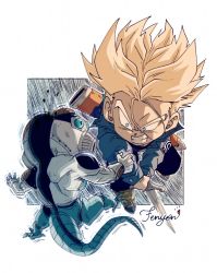 Rule 34 | 2boys, artist name, attack, blonde hair, blue eyes, blurry, boots, capsule corp, chibi, chromatic aberration, clenched teeth, commentary request, denim, denim jacket, dragon ball, dragonball z, fenyon, frieza, frown, full body, holding, holding sword, holding weapon, jacket, male focus, multiple boys, serious, shaded face, sliced, spiked hair, super saiyan, super saiyan 1, sword, teeth, trunks (dragon ball), trunks (future) (dragon ball), weapon