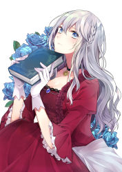Rule 34 | 1girl, absurdres, blue eyes, blush, book, braid, breasts, choker, cleavage, closed mouth, collarbone, cover, cover page, dress, flower, gloves, haru (haru2079), highres, holding, holding book, jewelry, long hair, looking up, original, puffy sleeves, red dress, rose, side braid, simple background, solo, tears, white background, white gloves, white hair