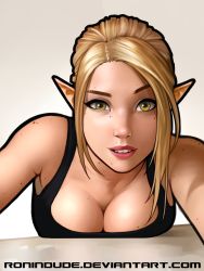 Rule 34 | 1girl, blonde hair, breast rest, breasts, cleavage, commentary, downblouse, elf, forehead, freckles, green eyes, highres, large breasts, light smile, lips, long hair, looking at viewer, mole, mole on breast, nose, original, parted lips, photo-referenced, pointy ears, raised eyebrow, realistic, ronindude, solo, tank top, watermark, web address