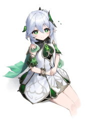 Rule 34 | 1girl, absurdres, blush, bracelet, cape, child, commentary, cross-shaped pupils, detached sleeves, dress, ebiri fy, genshin impact, gradient hair, green cape, green eyes, green hair, hair ornament, highres, jewelry, leaf hair ornament, long hair, looking at viewer, multicolored hair, nahida (genshin impact), pointy ears, side ponytail, sitting, smile, solo, symbol-shaped pupils, white background, white dress, white hair
