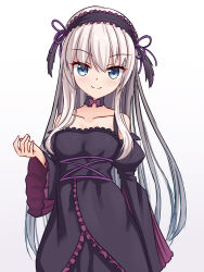 Rule 34 | 11eyes, 1girl, aqua eyes, bare shoulders, black hairband, bow, bowtie, breasts, collarbone, dress, frilled dress, frilled hairband, frilled sleeves, frills, gothic lolita, hair between eyes, hairband, highres, light blush, light smile, lisette vertorre, lolita fashion, lolita hairband, long dress, long hair, looking at viewer, purple bow, purple bowtie, purple dress, simple background, small breasts, solo, standing, tamba i, tsurime, very long hair, white background, white hair