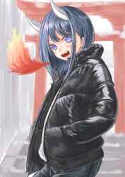 Rule 34 | 1girl, :d, absurdres, aoki ruri, black coat, blue eyes, blush, breath weapon, breathing fire, coat, day, fangs, fire, hands in pockets, highres, hood, hood down, horns, manabu-san, medium hair, open mouth, outdoors, ruri dragon, slit pupils, smile, solo, stairs, standing, torii