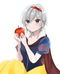 Rule 34 | 1girl, anastasia (idolmaster), apple, blue eyes, blue shirt, blush, bow, bow hairband, breasts, cleavage, closed mouth, collarbone, cosplay, earrings, food, fruit, hair between eyes, hair bow, hairband, haruno (haruno na), highres, holding, holding food, holding fruit, idolmaster, idolmaster cinderella girls, jewelry, medium breasts, red apple, red bow, red hairband, shirt, short hair, short sleeves, silver hair, simple background, sitting, skirt, smile, snow white (disney), snow white (disney) (cosplay), snow white and the seven dwarfs, solo, white background, yellow skirt