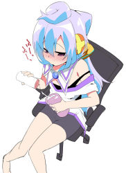 Rule 34 | 10s, 1boy, artificial vagina, bike shorts, blue hair, blush, chair, hacka doll, hacka doll 3, long hair, male focus, off shoulder, purple eyes, sex toy, simple background, sitting, sketch, solo, terazip, trap, white background