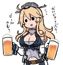 Rule 34 | 1girl, :d, ahoge, anchor symbol, beer mug, blonde hair, breasts, cleavage, clothing cutout, commentary request, cup, elbow gloves, gloves, iowa (kancolle), kantai collection, large breasts, long hair, lowres, mug, navel cutout, open mouth, simple background, smile, solid circle eyes, solo, terrajin, translation request, upper body, white background