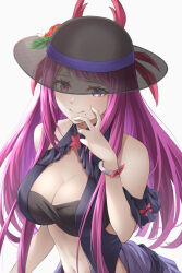 Rule 34 | 1girl, bandeau, bare shoulders, black hat, blue one-piece swimsuit, breasts, cleavage, fire emblem, fire emblem engage, fire emblem heroes, grey background, hand up, hat, ivy (fire emblem), large breasts, long hair, looking at viewer, navel, nintendo, official alternate costume, one-piece swimsuit, purple eyes, purple hair, see-through, simple background, smile, solo, stomach, swimsuit, ten (tenchan man), upper body, very long hair