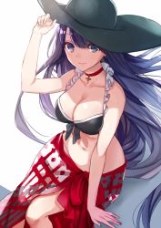 Rule 34 | 1girl, bare arms, bare shoulders, bikini, bikini top only, black bikini, black hat, blue eyes, blue hair, breasts, choker, cleavage, closed mouth, collarbone, cross, fate/grand order, fate (series), frilled bikini, frills, front-tie bikini top, front-tie top, hand on headwear, hand up, hat, long hair, looking at viewer, martha (fate), martha (swimsuit ruler) (fate), martha (swimsuit ruler) (first ascension) (fate), medium breasts, navel, red choker, sarong, simple background, sitting, smile, solo, stomach, sun hat, swimsuit, very long hair, white background, yuzuki karu