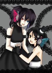 Rule 34 | 2girls, black hair, butterfly wings, dress, hat, heterochromia, insect wings, magnet (vocaloid), md5 mismatch, multiple girls, resolution mismatch, source larger, top hat, utau, utaune nami, vocaloid, wings, yokune ruko