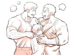 Rule 34 | 3boys, arm hair, bara, between pecs, between pectorals, blush, boy sandwich, chest hair, cross scar, eye contact, facial hair, forked eyebrows, from side, glaring, hairy, harada (basashi), head between pecs, houzouin oniwaka, japanese clothes, jealous, takabushi kengo, kimono, large pectorals, long sideburns, looking at another, male focus, protagonist 4 (housamo), mature male, multiple boys, muscular, muscular male, open clothes, open kimono, pectoral cleavage, pectorals, sandwiched, scar, scar on face, scar on forehead, shirt, short hair, sideburns, size difference, sleeves rolled up, stubble, thick eyebrows, tokyo houkago summoners, upper body, yaoi