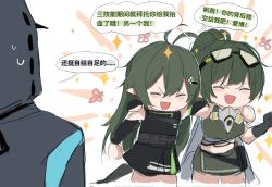 Rule 34 | 2girls, ^ ^, alternate costume, arknights, chinese text, closed eyes, comic, doctor (arknights), gas mask, gavial (arknights), gavial the invincible (arknights), goggles, goggles on head, green hair, highres, mask, multiple girls, official alternate costume, simple background, smile, speech bubble, tail, white background, zuo daoxing
