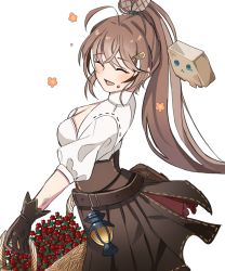 Rule 34 | 1girl, absurdres, ahoge, bag, basket, belt, berry, blouse, brown corset, brown gloves, brown hair, corset, closed eyes, feather hair ornament, feathers, flower (symbol), friend (nanashi mumei), gloves, hair ornament, hairclip, highres, hololive, hololive english, lantern, long hair, multicolored hair, nanashi mumei, paper bag, pleated skirt, ponytail, pouch, red skirt, rudang, shirt, skirt, smile, streaked hair, very long hair, virtual youtuber, white shirt