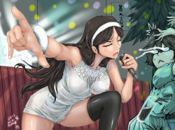 Rule 34 | 10s, 2girls, :&lt;, armpits, arms up, black hair, bracelet, breasts, dress, drinking straw, closed eyes, glass, glasses, hairband, indoors, jewelry, karaoke, kumashiro maya, long hair, medium breasts, meteo snow, microphone, multiple girls, naruse kozue, nipples, open mouth, plant, seikimatsu occult gakuin, sleeveless, sleeveless dress, soda, spilling, surprised, thighhighs, translation request, wet, wet clothes