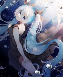 Rule 34 | 1girl, air bubble, aqua eyes, aqua hair, bare shoulders, black bow, black dress, bow, bubble, commentary, dress, feet out of frame, from behind, hair bow, hand on own chest, hand on own thigh, hatsune miku, highres, long hair, looking at viewer, looking back, mame kuri, parted lips, shinkai shoujo (vocaloid), solo, submerged, twintails, underwater, very long hair, vocaloid