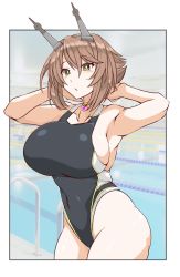 Rule 34 | 1girl, black one-piece swimsuit, breasts, brown hair, cleavage, competition swimsuit, covered navel, green eyes, hairband, headgear, highleg, highleg swimsuit, highres, imagawa akira, kantai collection, large breasts, mutsu (kancolle), one-piece swimsuit, pool, short hair, solo, swimsuit