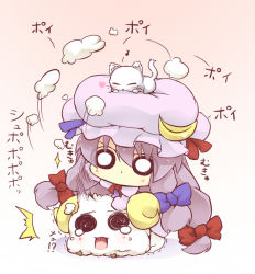 Rule 34 | 1girl, ^^^, animal, animal on head, benauxi, bow, cat, cat on head, chibi, crescent, female focus, hair bow, hat, hazuki ruu, heart, musical note, o o, on head, open mouth, patchouli knowledge, purple hair, riding, sheep, simple background, solid circle eyes, solo, tears, touhou, trembling