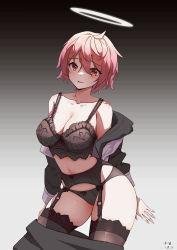Rule 34 | 1girl, absurdres, ahoge, angel, arknights, bare shoulders, black bow, blush, bow, bow panties, breasts, cleavage, collarbone, commentary, cowboy shot, dated, exusiai (arknights), garter belt, gradient background, hair between eyes, halo, highres, hundun no bifang, jacket, lingerie, medium breasts, panties, red eyes, red hair, revision, short hair, signature, skindentation, solo, underwear, undressing
