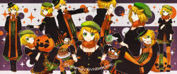 Rule 34 | alternate hairstyle, asymmetrical clothes, asymmetrical legwear, beret, blonde hair, candy, food, green eyes, halloween, hat, kagamine len, kagamine rin, lollipop, long image, mismatched legwear, pastry, popped collar, pumpkin, pumpkin syndrome (vocaloid), vocaloid, wide image