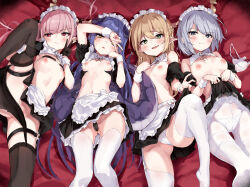 Rule 34 | 4girls, ;d, apron, ass, bare shoulders, black gloves, black thighhighs, blonde hair, blush, bra, braid, breasts, camel, demon wings, detached collar, gloves, green eyes, grey hair, highres, horns, lifted by self, long hair, looking at viewer, lying, maebari, maid, maid apron, maid headdress, multiple girls, navel, nipples, no panties, on back, one eye closed, open mouth, original, panties, panties under pantyhose, pantyhose, pink hair, pointy ears, red eyes, short hair, slit pupils, small breasts, smile, spread legs, tail, thighhighs, toshizou (0714), underwear, unworn bra, v, white bra, white pantyhose, white thighhighs, wings, wrist cuffs, yellow eyes