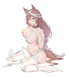 Rule 34 | 1girl, absurdres, animal ears, artist name, bandaged arm, bandaged hand, bandaged leg, bandages, bare shoulders, blue eyes, breasts, brown hair, commentary request, covering breasts, covering privates, da-cart, ear ornament, hair between eyes, hand on breast, hand on own chest, highres, horse ears, horse girl, horse tail, large breasts, long hair, looking at viewer, mouth hold, navel, official alternate costume, simple background, sitting, solo, stomach, super creek (chiffon ribbon mummy) (umamusume), super creek (umamusume), tail, torn clothes, torn legwear, umamusume, wariza, white legwear