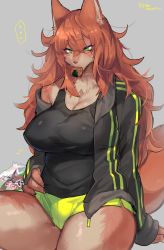 Rule 34 | ..., 1girl, animal ears, animal nose, arm support, black jacket, black shirt, body fur, breasts, cleavage, eating, food in mouth, furry, furry female, green eyes, green shorts, grey background, highres, jacket, large breasts, messy hair, original, shirt, short shorts, shorts, simple background, sitting, sleeveless, sleeveless shirt, snout, solo, spoken ellipsis, suurin (ksyaro), tail, thick thighs, thighs