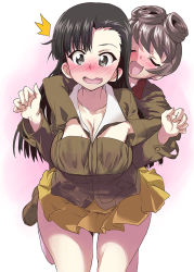 Rule 34 | 2girls, ^^^, arms around neck, asymmetrical bangs, blush, grabbing another&#039;s breast, breasts, brown eyes, brown hair, brown jacket, chi-hatan military uniform, cleavage, closed eyes, commentary, cowboy shot, embarrassed, frown, gemu555, girls und panzer, grabbing, hair rings, hands in pockets, hosomi shizuko, jacket, large breasts, leaning forward, leg up, long hair, long sleeves, looking at viewer, military, military uniform, miniskirt, multiple girls, nishi kinuyo, open mouth, pleated skirt, short hair, skirt, smile, standing, standing on one leg, thighs, uniform, w arms, wavy mouth, yellow skirt