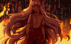 Rule 34 | 1girl, arson, baggy pants, bamboo, bamboo forest, bow, collared shirt, fire, forest, fujiwara no mokou, hair bow, hands in pocket, highres, linmiee, lips, long hair, nature, pants, red eyes, red pants, ribbon, shirt, short sleeves, silver hair, solo, suspenders, touhou, very long hair, white shirt