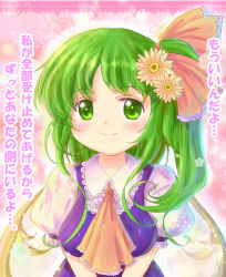 Rule 34 | 1girl, ascot, breasts, confession, daiso, daiyousei, female focus, flower, green eyes, green hair, hair flower, hair ornament, matching hair/eyes, partially translated, side ponytail, solo, text focus, touhou, translation request, upper body, v arms, wings, yousei daisensou