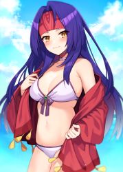 Rule 34 | 1girl, adapted costume, alternate costume, armpit crease, bare shoulders, bikini, choker, collarbone, commission, cowboy shot, fire emblem, fire emblem: path of radiance, fire emblem: radiant dawn, front-tie bikini top, front-tie top, hair intakes, halterneck, headband, highres, jacket, kinsenka momi, long hair, long sleeves, looking at viewer, navel, nintendo, off shoulder, open clothes, open jacket, outdoors, purple hair, red jacket, sanaki kirsch altina, skeb commission, smile, solo, standing, stomach, string bikini, swimsuit, white bikini, white choker, yellow eyes