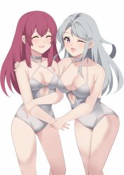 Rule 34 | 2girls, alternate costume, asymmetrical bangs, breasts, casual one-piece swimsuit, cleavage, closed eyes, cowboy shot, criss-cross halter, grey hair, halterneck, highres, kantai collection, kisaragi (kancolle), long hair, looking at viewer, medium breasts, miya star saa, multiple girls, one-piece swimsuit, purple eyes, purple hair, sagiri (kancolle), simple background, standing, swept bangs, swimsuit, white background