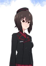 Rule 34 | 1girl, black hat, black jacket, brown eyes, brown hair, closed mouth, commentary, dress shirt, frown, garrison cap, girls und panzer, hat, highres, insignia, jacket, kuromorimine military uniform, long sleeves, looking to the side, military, military hat, military uniform, monolith (suibou souko), nishizumi maho, pleated skirt, red shirt, red skirt, shirt, short hair, skirt, solo, uniform, wing collar
