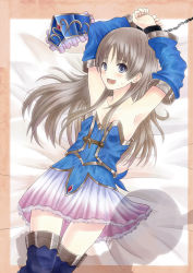 Rule 34 | 1girl, armpits, atelier (series), atelier totori, black eyes, brown hair, female focus, long hair, lying, on back, open mouth, pink skirt, restrained, shitou (4h), skirt, solo, thighhighs, totooria helmold