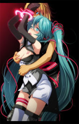 1boy 1girl arms_up bdsm black_gloves blonde_hair blue_eyes blue_hair blush bondage boots bound bound_wrists breasts cleavage elbow_gloves floating_hair gloves grabbing_another&#039;s_breast groping hair_between_eyes hair_ribbon hatsune_miku hatsune_miku_(dimension) head_tilt hetero long_hair medium_breasts molestation open_mouth pillarboxed project_diva_(series) red_ribbon restrained ribbon short_shorts shorts standing tattoo thigh_boots thigh_strap thighhighs tsukishiro_saika twintails very_long_hair vocaloid