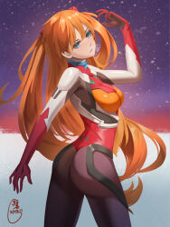 Rule 34 | 1girl, absurdres, artist request, ass, blue eyes, bodysuit, breasts, brown hair, curvy, highres, huge ass, long hair, looking at viewer, looking back, medium breasts, neon genesis evangelion, plugsuit, rebuild of evangelion, red bodysuit, shiny clothes, simple background, sky, solo, souryuu asuka langley, standing, two side up, very long hair, wide hips