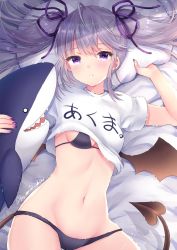 Rule 34 | 1girl, ahoge, bed sheet, black bra, black panties, bra, breasts, clothes lift, commentary request, demon tail, demon wings, fujimori shiki, grey hair, hair ribbon, hair spread out, highres, long hair, looking at viewer, lying, medium breasts, mini wings, navel, no pants, on back, original, panties, parted lips, pillow, purple eyes, ribbon, shirt, shirt lift, short sleeves, solo, stomach, string bra, stuffed animal, stuffed shark, stuffed toy, tail, twintails, underwear, white shirt, wings