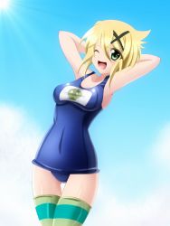 Rule 34 | 10s, 1girl, ;d, akatsuki kirika, arms behind head, bad id, bad pixiv id, banemumu, blonde hair, green eyes, one-piece swimsuit, one eye closed, open mouth, school swimsuit, senki zesshou symphogear, short hair, smile, solo, striped clothes, striped thighhighs, swimsuit, thighhighs, wink