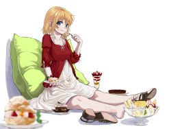 Rule 34 | 1girl, barefoot, blonde hair, blue eyes, blurry, cake, cream puff, depth of field, dress, eating, feet, food, food on face, fork, highres, ice cream, ice cream on face, original, parfait, pillow, plate, pudding, ryou@ryou, sandals, shoes, short hair, single shoe, sitting, solo, toes
