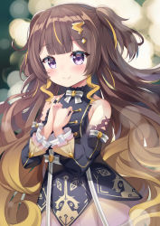 Rule 34 | 1girl, absurdres, anya melfissa, blurry, blurry background, blush, brown hair, dress, hair ornament, hands on own chest, highres, hololive, hololive indonesia, ikazu401, long hair, looking at viewer, multicolored hair, purple eyes, sleeveless, smile, solo, virtual youtuber