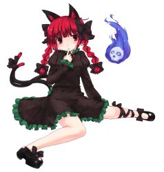Rule 34 | 1girl, animal ears, bad id, bad pixiv id, braid, cat ears, cat girl, cat tail, female focus, full body, hair ribbon, highres, kaenbyou rin, ktsecond, multiple tails, red eyes, red hair, ribbon, short hair, solo, tail, touhou, transparent background, twin braids