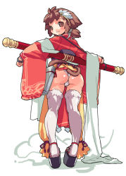 Rule 34 | 1girl, ass, back, brown eyes, brown hair, capcom, chinese clothes, hairband, legs, looking back, monkey tail, najimi shin, panties, short hair, solo, sonson, sonson (series), standing, tail, thighhighs, twintails, underwear, wristband
